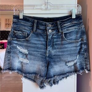 Buckle Distressed Dark Blue Denim Jean Shorts